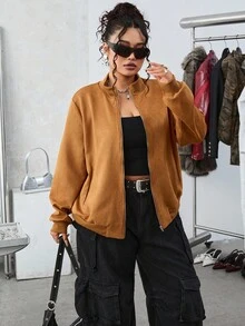 SHEIN EZwear Plus Size Casual Suede High Collar Jacket, Minimalist Style For Autumn/Winter Fall - Rust Brown - View 1