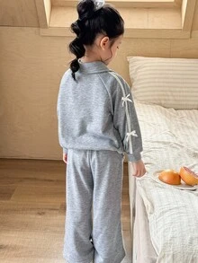 SHEIN Young Girls Casual Bowknot Trim Zip-Up Hoodie Jacket & Flared Pants Set Fall Winter - Multicolor - View 2