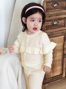 DAZY 2pcs Baby Girls' Ruffled Hem Solid Color Knitted Sweater And Pants Set - Beige - View 6