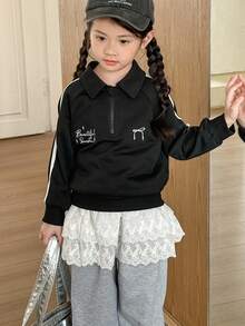 SHEIN Little Byeori Young Girls' Casual Letter & Bow Embroidery Crew Neck Sweatshirt,In Fall/Winter - Black and White - View 3