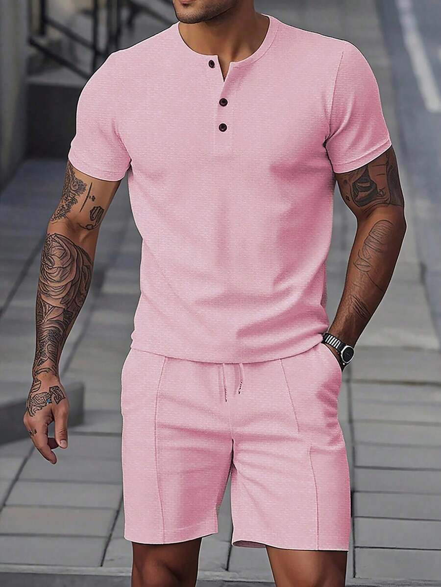 Manfinity Homme Men's Solid Color Button-Up Half Placket Short Sleeve T-Shirt And Drawstring Waist Shorts Casual Suit, Summer - Pink - View 1