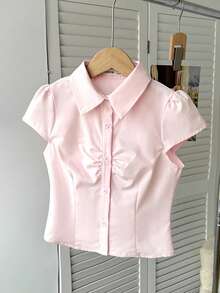 SHEIN Tween Girl Solid Color Short Sleeve Cardigan Shirt Baby Pink Summer Cute School Back-To-School,Girls Fitted Collared Button Down Blouse Ruffle Tops - Baby Pink - View 7