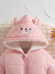 SHEIN 1 bộ đồ liền thân mùa đông mới 2020 cho bé gái, có mũ trùm đầu, có khóa kéo phía trước, thêu họa tiết tai gấu, bo gấu và ống quần, ấm áp, thường ngày - Hồng - Xem 9