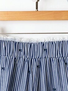 GlowEve 女士休闲蝴蝶结条纹蕾丝腰直筒阔腿裤 - 藏蓝色 - 查看 3