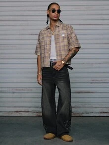 AXEPEAK Men's Washed Distressed Jeans, Loose Casual Rhinestone Embellished Unique Pants - Blue - View 6