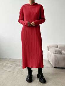 EURMUSE Women's Solid Color Drop Shoulder Long Sleeve Ribbed Casual Hooded Maxi Dress - Merah - View 3