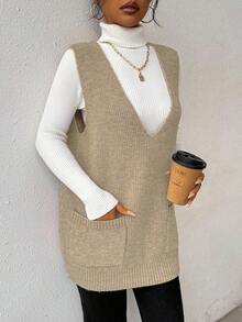 Rafferiza Women's Deep V-Neck Pocketed Solid Color Simple Comfortable Sweater Vest For Daily Casual Wear - Camel - View 6