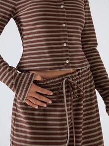 LYSMO 2025 New Autumn And Winter Women's Fashionable And Sexy Women's Brown Tops Striped Long-Sleeved Tops And Pants Casual 2-Piece Set/Autumn Women's Clothing/Women's Winter Clothing/Halloween Clothing/Christmas Women's Clothing/Party/Reception/New Year's Clothing/Back To School Clothing/Home/Y2K,Fall - Brown - View 7