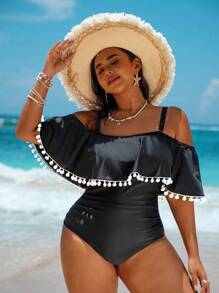 Swim Vcay Plus Size Summer Vacation Ruffled Ruffle One-Piece Swimsuit - Black and White - View 3
