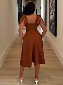 Alexandranx Đầm nữ dáng chữ A thanh lịch lãng mạn không tay thắt nơ eo - Cà phê - Xem 2