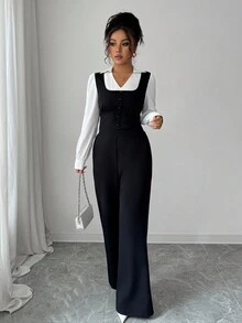 Elenzga 2pcs Women's Elegant Patchwork Striped Collar Shirt + Pants Set - Multicolor - View 4