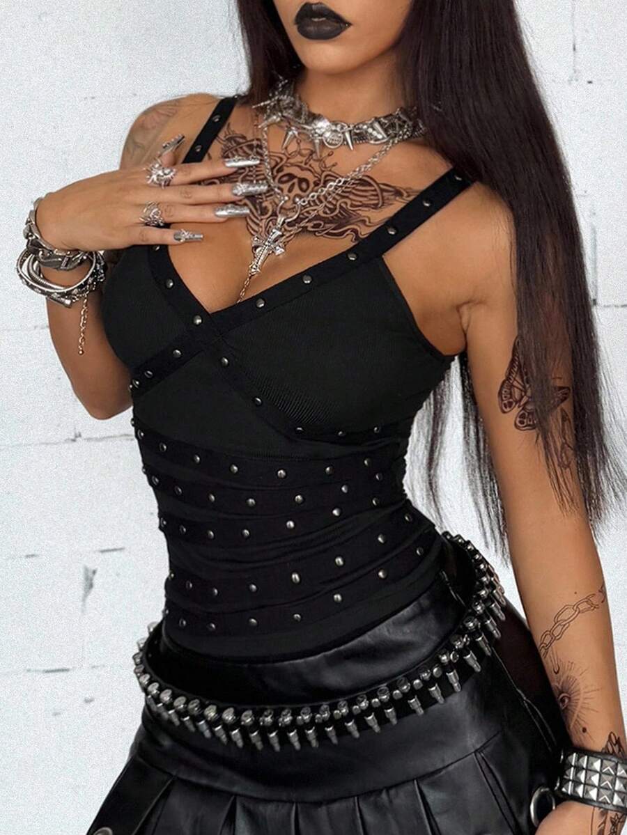 Coolane 女式夏季狂欢复古朋克节街头服饰 Y2K Grunge Gyaru 铆钉带状纹理装饰黑色吊带背心 - 黑色 - 查看 1