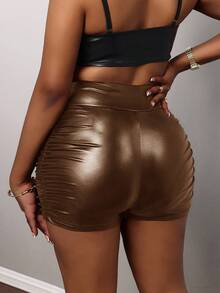 Slaydiva Elegant Party Slim-Fit High-Waisted Side Pleated Faux Leather Shorts For Women - Mocha Brown - View 2