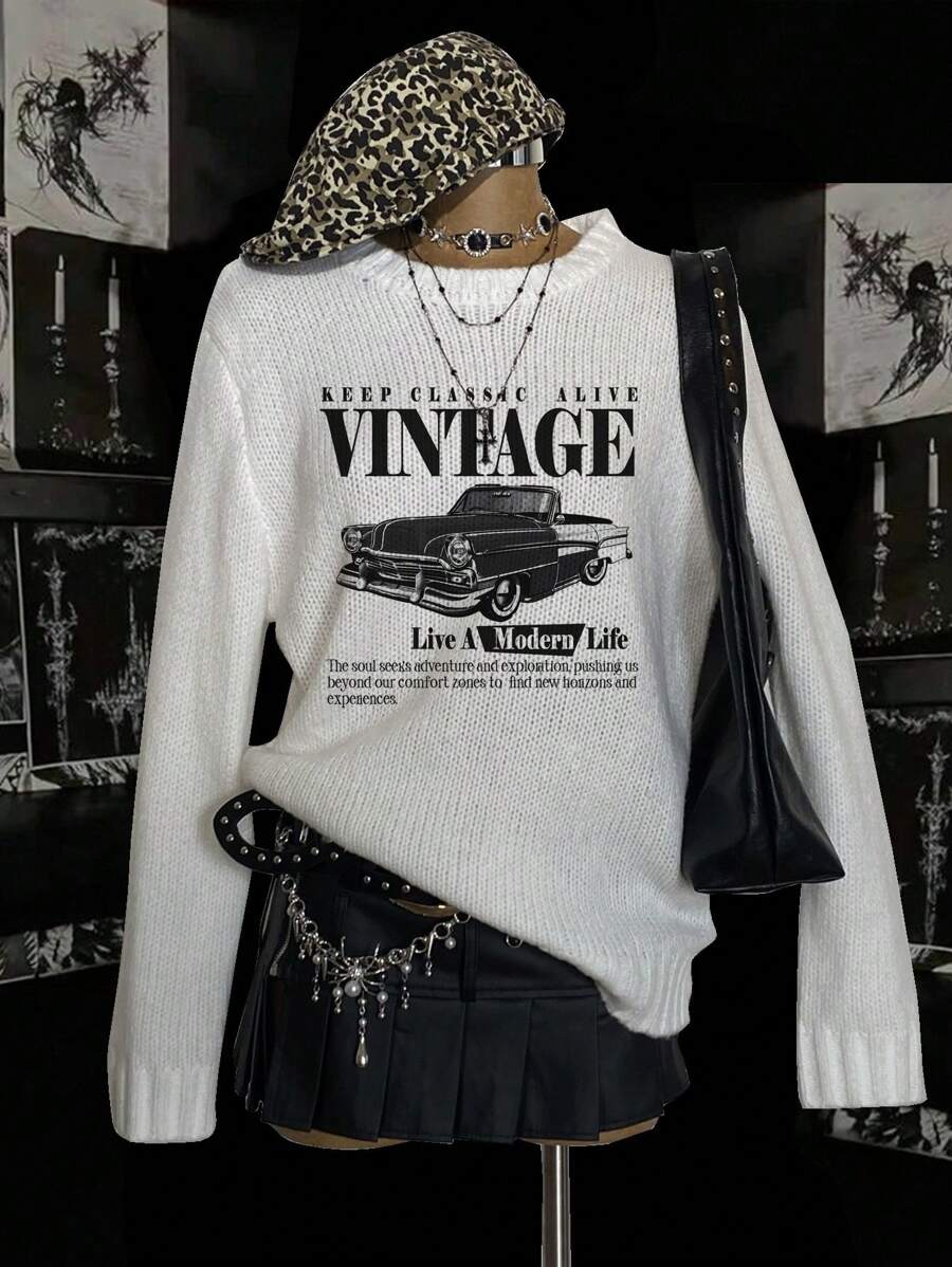 SHEIN EZwear Casual Minimalist Grunge, Y2K Retro Car Print Pattern Women Sweater, Suitable For Fall/Winter, New Autumn Sweater, Y2K Style, Gothic Style, Gothic Women Clothing