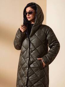 EURMUSE Women, Winter, Long Sleeve, Rhinestone, Quilted, Long Length, - Khaki - View 3