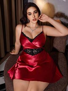 SilkySpell 性感蕾丝酒红色加大码女式裹身系带仿丝吊带睡袍