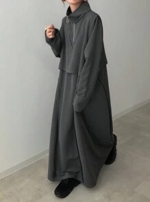 FRIFUL 女士时尚高领拼接宽松纯色连衣裙，春秋 - 黑色 - 查看 1