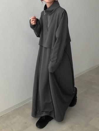 FRIFUL Women's Fashionable High Collar Patchwork Loose Solid Color Dress, Spring/Autumn