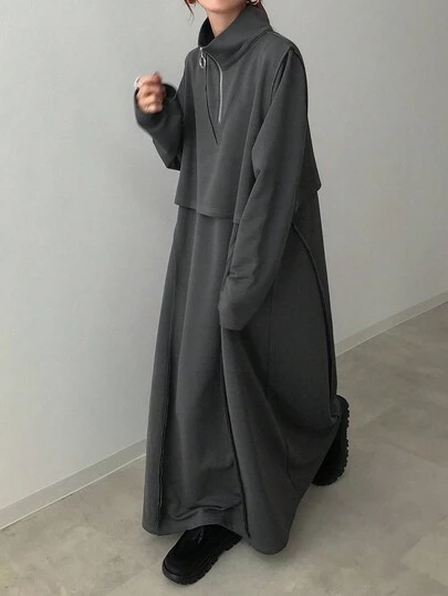 FRIFUL 女士时尚高领拼接宽松纯色连衣裙，春秋