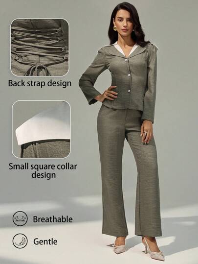 Modelyn 女士摩卡棕色长袖修身设计拼接撞色领口后侧系带设计宽松高腰裤