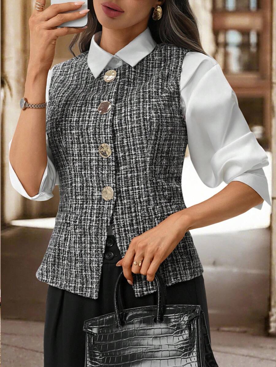 SHEIN Clasi Women's Elegant Commuter Color Block Shirt, Suitable For Work, Commuting, And Teacher - Black and White - View 1