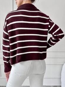 EURMUSE Maglione a maniche lunghe con chiusura lampo e righe a contrasto per donna - Bordò - Visualizzare 2