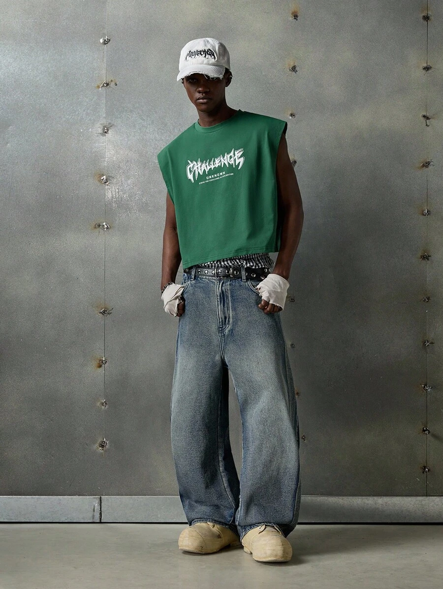 NEON BLANC Loose Men's Letter Graphic Batwing Sleeve T-Shirt, Streetwear - Dark Green - View 1