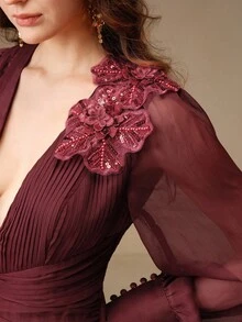 Anewsta Women's New Burgundy Long Sleeve Pleated Elegant A-Line Dress, Chic Street Style For Concerts