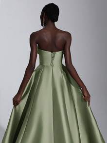 Elitara 优雅奢华绿色荷叶边下摆露肩连衣裙，适合婚礼、派对、度假、舞会、正式场合（重度装饰） - 綠色 - 查看 6