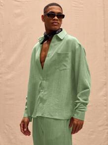 Musero 男士宽松长袖亚麻衬衫套装上衣（仅限春夏度假复活节款） - 綠色 - 查看 2
