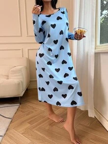 SHEIN 女士休闲爱心印花圆领长袖T恤睡衣，秋冬季舒适优雅细节 - 彩色 - 查看 4
