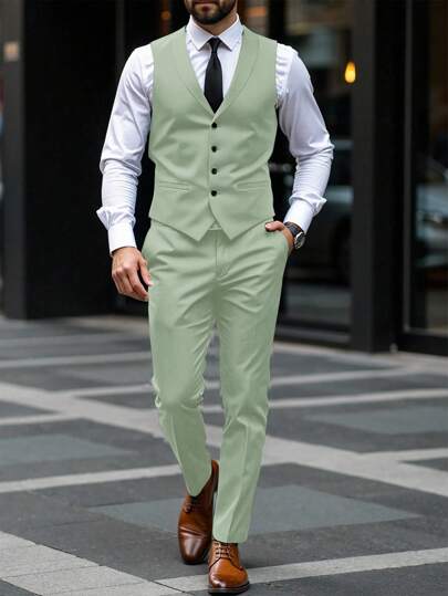  Manfinity Mode 男士单排扣休闲无袖西装背心和西装裤套装男士正装男士礼服男士时尚套装婚礼西装男士正装套装