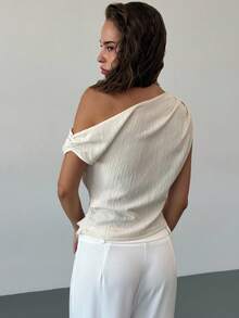 Aloruh Women's Solid Color Pleated Asymmetric Shoulder Fashion Blouse,Summer Top - Apricot - View 2