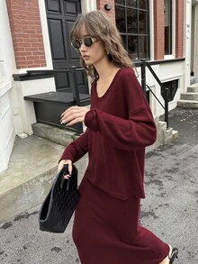 ATUI Studio 2 pièces Ensemble de pull tricoté décontracté à col rond, manches longues et épaules tombantes, couleur unie pour femmes