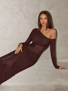 SHEIN BAE Elegant Dark Brown Oblique Shoulder Semi-Sheer Long Sleeve Extra Long Dress For Women,Autumn Night Out,Cocktail Parties,Formal Evening Wear,Valentine - Brown - View 5