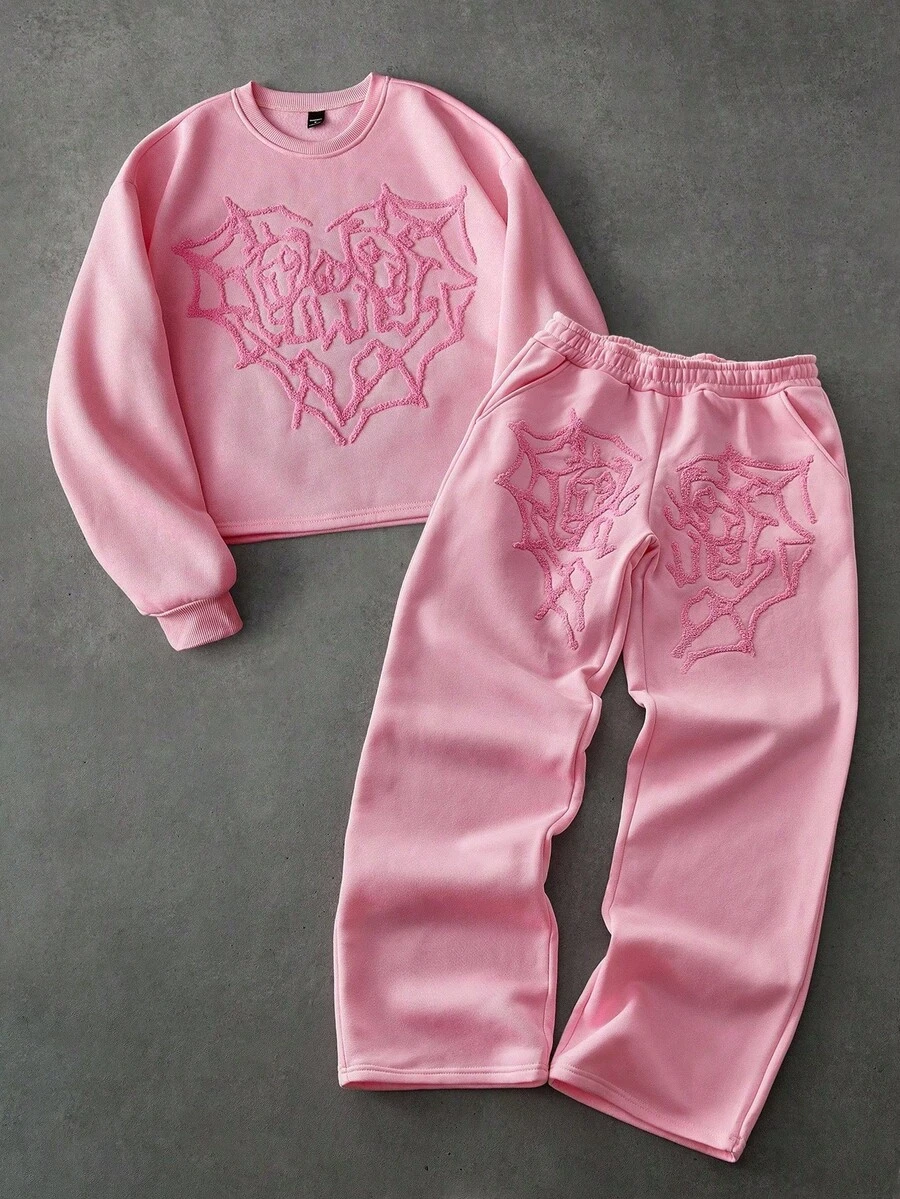 PAVTROS Men's Street-Style Popular INS Matching Pink Heart LOVE 3D Embroidery Sweatshirt & Pants Set, Outdoor Music Festival, Nightclub Bar, Boyfriend/Husband Gift, Anniversary Gift , Men 2 Pieces Set Pink , Men Sweat Suit Set , Pink Sweatpants Men , Fall Clothes - Pink - View 1