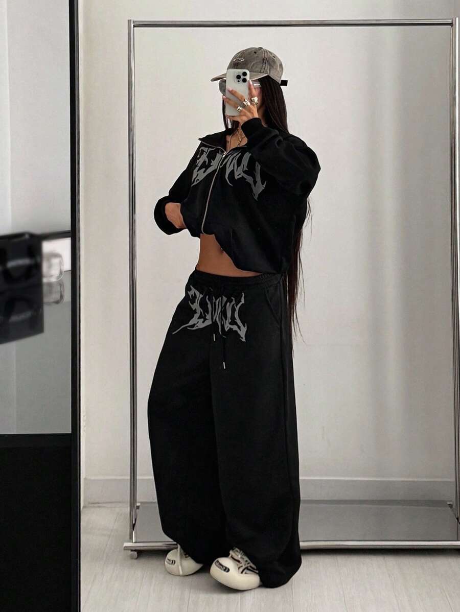 StreetHx 女式复古哥特风格图案印花休闲街头宽松两件套，秋冬，街头服饰 - 黑色 - 查看 1