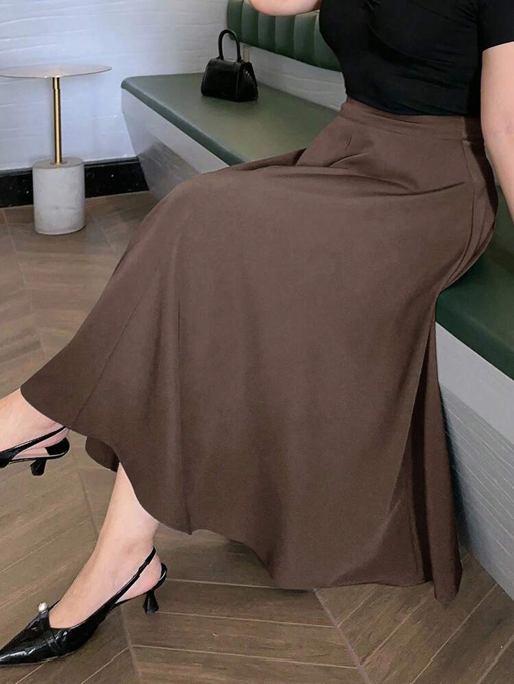 Dazy Plus 大码女式 A 字长款优雅休闲裙，四季秋季半身裙 - 咖啡棕 - 查看 1