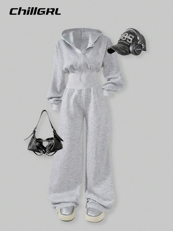 SHEIN Tween Girl Hooded Zip-Up Sweatshirt And High Waisted Thermal Lined Pants Jumpsuit