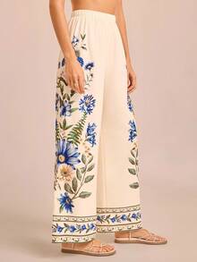 CAJUNI Women's Vacation Apricot Base Blue & Pink Daisy Floral Print, Elastic Waist Straight Leg Pants With Placement Print, Summer Vacation Trousers