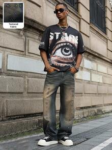 Major Grit Manfinity Streetrush Men's Grey Summer Streetwear City Break Tie-Dye Distressed Rhinestone Embellished Washed Denim Baggy Jeans Y2K Acid Washed Pants - Multicolor - View 1