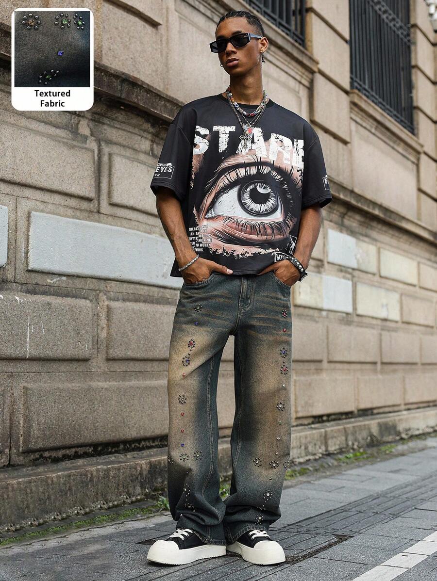 Major Grit Manfinity Streetrush Men's Grey Summer Streetwear City Break Tie-Dye Distressed Rhinestone Embellished Washed Denim Baggy Jeans Y2K Acid Washed Pants - Multicolor - View 1