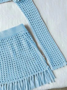 Elamini Women's Vacation Long Sleeve Top And Fringed Hem Knit Skirt 2 Pieces Set - Baby Blue - View 6