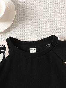 SHEIN 女孩运动街头时尚针织圆领长袖运动衫 - 黑色 - 查看 4