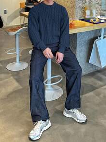 DAZY Navy Blue Cable Cable Knit Sweater For Men, Autumn/Winter - Royal Blue - View 5