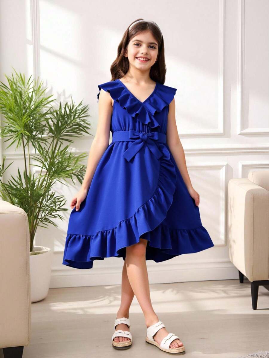 Tween Girl Girl'S Ruffled Asymmetric Hem Belted Dress - Blue - View 1
