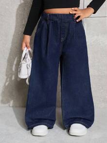 SHEIN 少女宽松荷叶边下摆深蓝色牛仔裤 - 深色水洗藍 - 查看 3