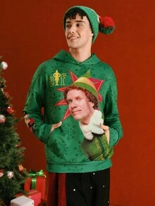 ELF X SHEIN 男士圣诞主题图案连帽卫衣，秋季 - 綠色 - 查看 6