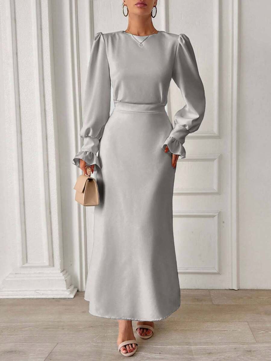 EURMUSE Frenchy Frill Sleeve Maxi Dress With Lining - Grey - View 1