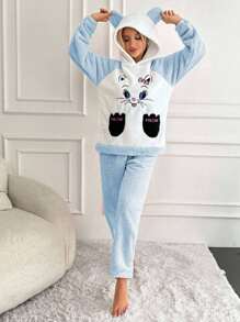 EURMUSE Women's Cartoon Cat Print Hooded Long Sleeve Top And Pant Fleece Pajama Set, Autumn/Winter - Baby Blue - View 4